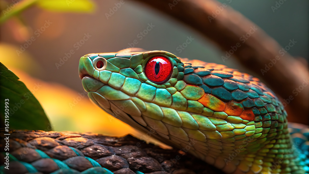 Fototapeta premium Vibrant viper with fiery red eyes and iridescent scales amidst lush greenery