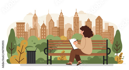 Woman Drawing on Bench in City Park with Skyline in Background