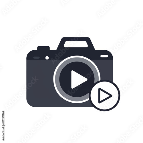 Camera with play button represents video recording in a simple and modern style, perfect for multimedia and technology concepts.