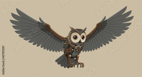Steampunk Owl Gliding in Air