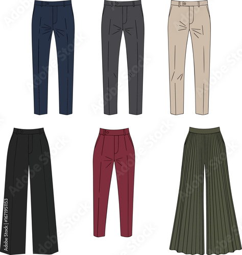 Create a kinds of deferent formal modern pant vector art with white background.