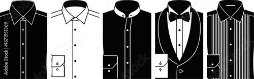 Create a kinds of deferent formal shirt design vector art silhouette with white background.
