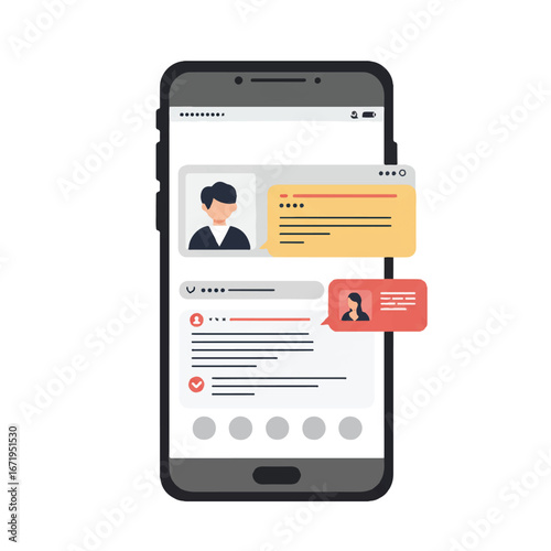 Smartphone displays social media profile with messages and notifications, showcasing digital communication and user interface in a modern style.