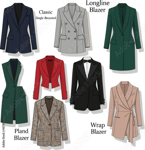 Create a kinds of deferent formal women Blazer vector art with white background..