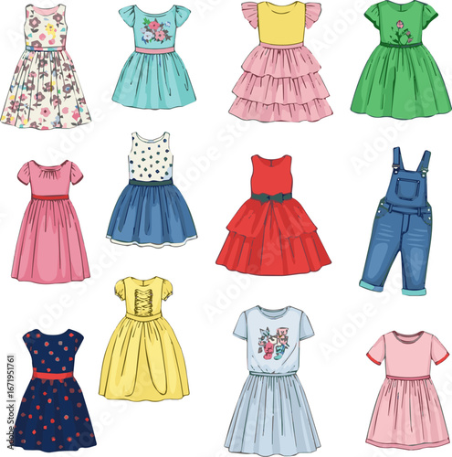 Create a kinds of deferent girl kids dress vector art with white background.