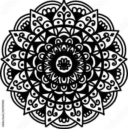 Detailed Black and White Mandala Illustration. Intricate Floral Mandala for Coloring. Meditation and Yoga Symbol. Ornate Symmetrical Sacred Geometry. Bohemian Circle Pattern. Zen Mandala Doodle
