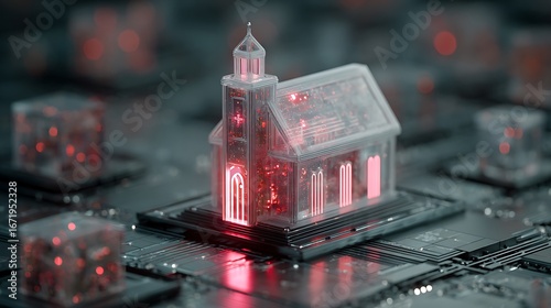 Glow Church on Microchip Artificial Intelligence Concept with Red Lights