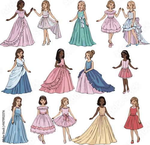 Create a kinds of deferent girl kids formal dress vector art with white background.