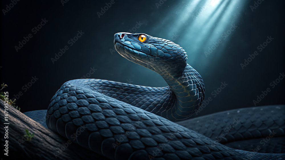 Fototapeta premium Majestic blue viper with intense orange eyes illuminated by dramatic light beams