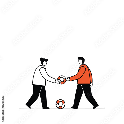 Two people passing soccer ball to each other on white surface, showcasing teamwork and collaboration in a minimalist style.
