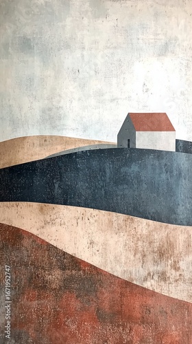 In a tranquil setting, gentle hills undulate in earthy tones, with a modest house nestled against the rising sun, minimalistic vertical composition