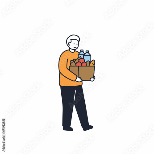 Man carrying cardboard box filled with groceries from the store, showcasing everyday life and consumerism with a simple, clean aesthetic.