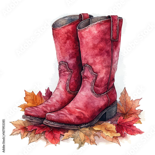 Warm Boots Crunch Leaves, watercolor vector, isolated on a white background.