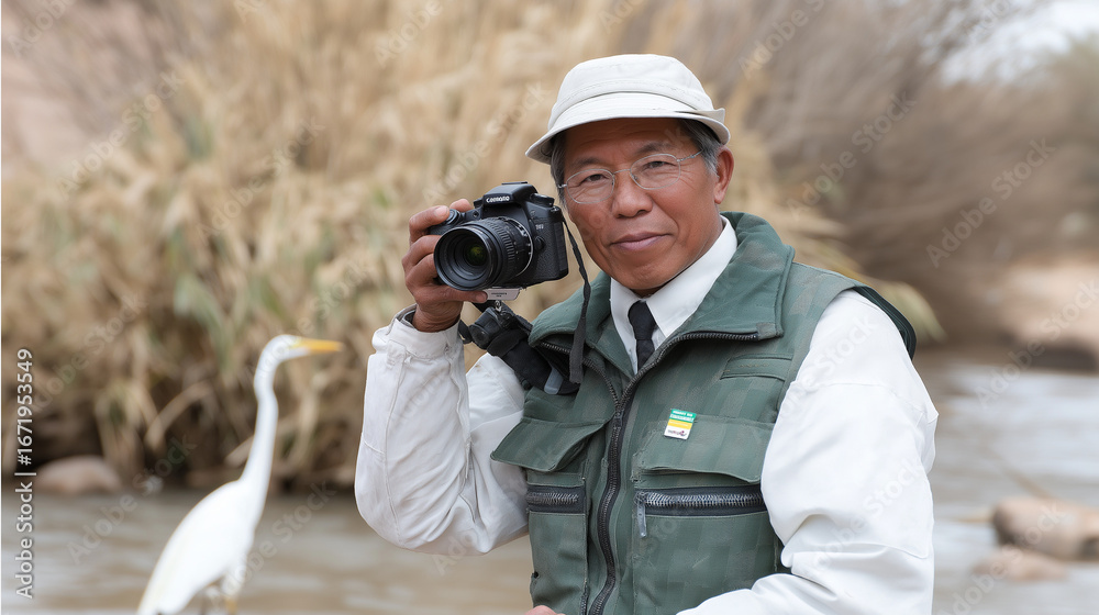 Fototapeta premium A retiree photographs wildlife in a wetlands reserve with egrets wading reeds swaying and a tripod set up rendered in a crisp photo with feather details water ripples and nat