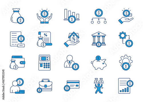 Personal finance thin blue icon set. Containing budget, savings, investment, expense, income