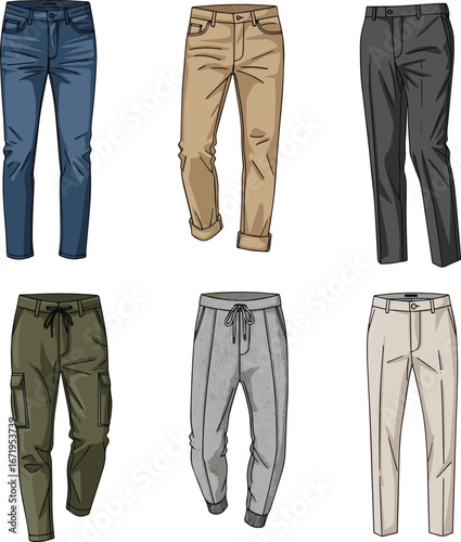 Create a kinds of deferent man modern pant vector art with white background.