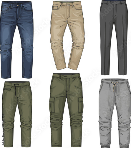 Create a kinds of deferent man modern pant vector art with white background.