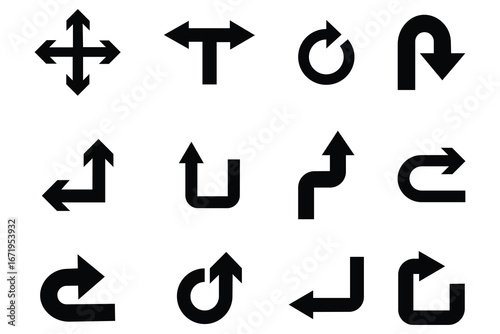 Collection of bold black directional arrow icons. Traffic direction arrows flat set. Vector pictograms of direction, pointer, rotate,  move, turn, return, merge, diverge. Vector illustration. 