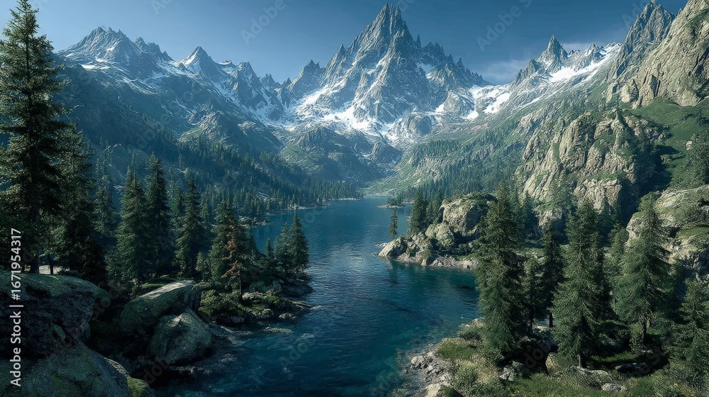Obraz premium Majestic snowcapped mountains towering over a pristine lake and dense forest