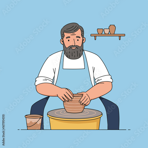 Potter shaping Clay on Pottery Wheel in Studio