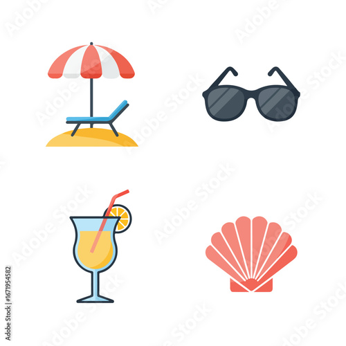 Items suggesting relaxing beach vacation/holiday at seaside, summery fun