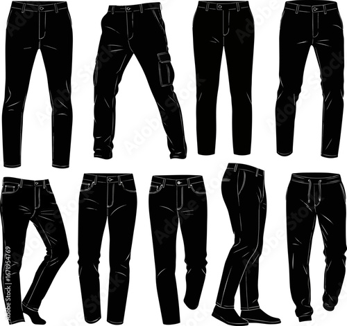 Create a kinds of deferent man modern pant vector art silhouette with white background..