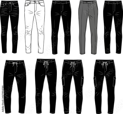 Create a kinds of deferent man modern pant vector art silhouette with white background.