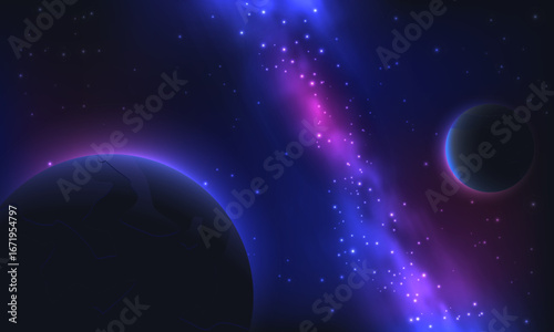 Vector illustration of deep space with glowing planets, bright stars, and a vibrant galactic nebula on a dark cosmic background. Perfect for astronomy, science, and space exploration themes.