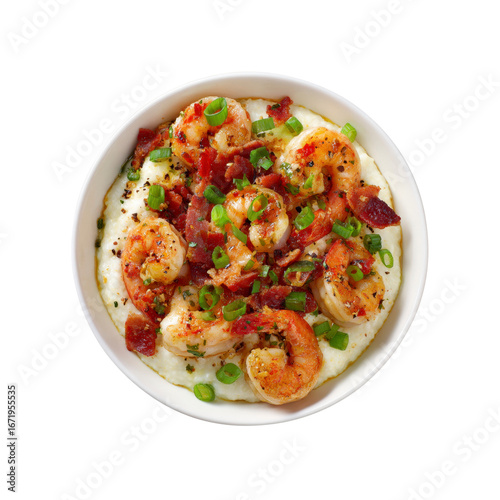 Delicious Shrimp and Bacon Grits in a Bowl - Overhead Shot