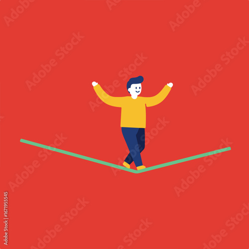 Character Balancing on Rope, Minimalist Illustration,  Red Backdrop