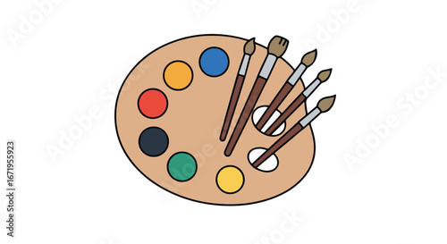 Paints Displayed on a Palette with Brushes in a Studio