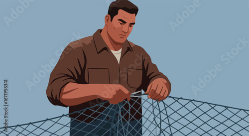 Man Mending Fishing Net with Pliers Outdoors Under a Cloudy Sky
