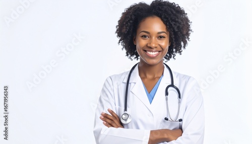 Smiling African American female doctor with arms crossed wearing a white coat and stethoscope against a white background.