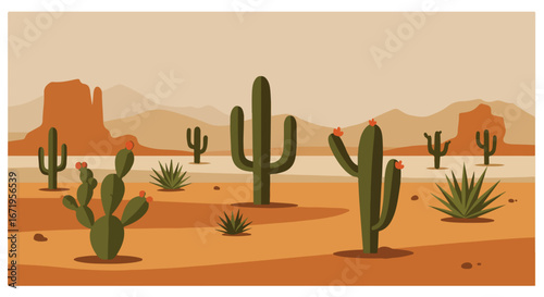 Cacti Grow in a Desert Landscape With Mountains in Distance, Simple Style