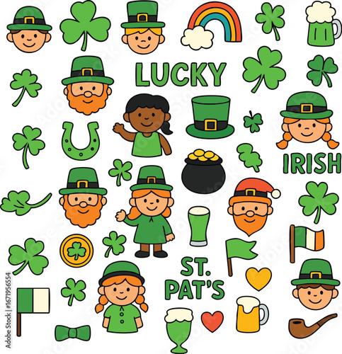 Cute St. Patrick’s Day Cartoon Clipart Set – Leprechauns, Shamrocks, Rainbow, Gold, Beer, Irish Symbols