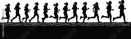 Running motion silhouette sequence with ground lines, biomechanics sprint illustration, athlete training vector, sports science concept, stride cycle, fitness, animation frames