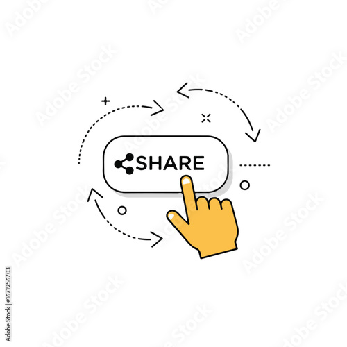 Hand pressing share button on white surface, indicating content sharing and social media engagement in a modern and minimalist style.
