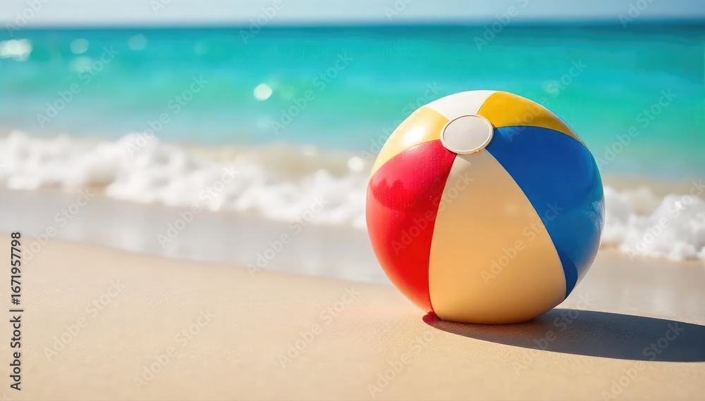 Obraz premium A brightly colored beach ball bounces on a sun-drenched sandy beach, waves gently lapping in the background, embodying the carefree spirit of summer , coast, bright