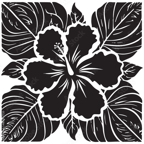 Hibiscus flower silhouette vector illustration, tropical floral design for tattoo, decoration, logo, exotic blossom artwork in black and white