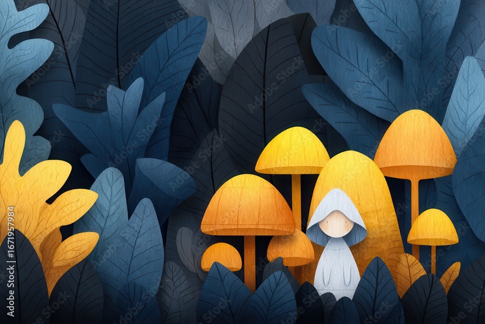 Obraz premium Halloween gnome forest creature concept. Colorful illustration of a figure among vibrant mushrooms and foliage.