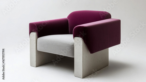 A minimalist armchair with contrasting upholstery: a deep plum backrest and pale gray seat cushion.
