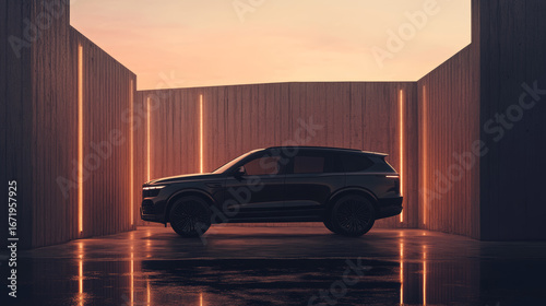A luxury SUV showcased in a minimalist environment, with matte textures and subtle lighting 