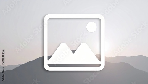 Generic placeholder image icon with mountain silhouette and sun, default image thumbnail symbol, minimal graphic template for media, website, gallery or digital content mockup
