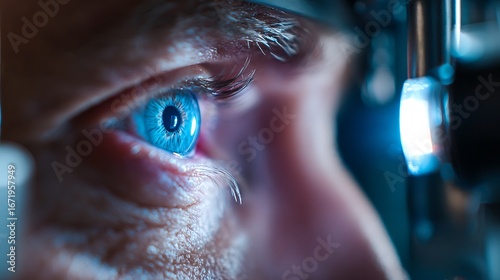 Eye Examination with Slit Lamp Showing Blue Iris Close Up