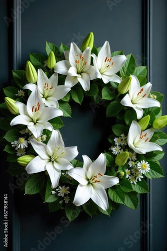 A classic, elegant funeral wreath crafted with white lilies and lush greenery, perfect for a somber occasion The wreath rests gently on a dark surface , arrangement, afterlife, honor