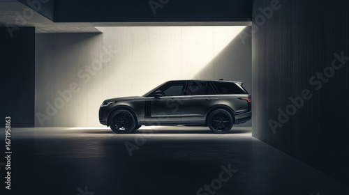 A luxury SUV showcased in a minimalist environment, with matte textures and subtle lighting 