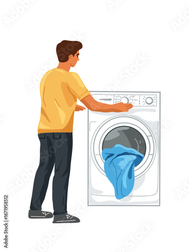 vector illustration cartoon man with washing machine
