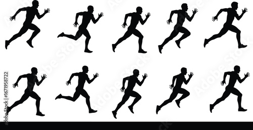 Running motion silhouettes, sequence of strides, dynamic athletic poses, sports biomechanics, sprint phases, human motion study, fitness illustration, vector design art