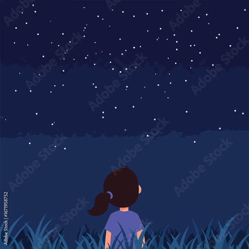 Girl Gazing Stars, Outdoors at Night.  Girl Gazing Stars, Outdoors at Night