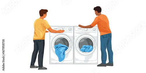 vector illustration man at washing machine with clothes